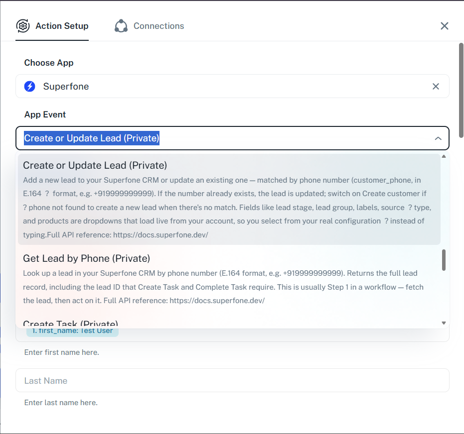 Create or Update Lead action configured in Pabbly
