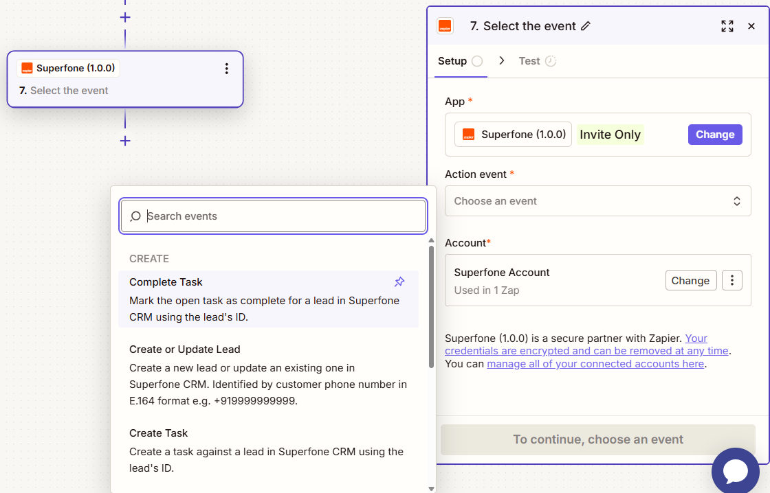Complete Task action configured in Zapier