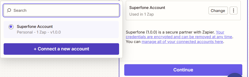 Connecting your Superfone account in Zapier (step 1 of 2)