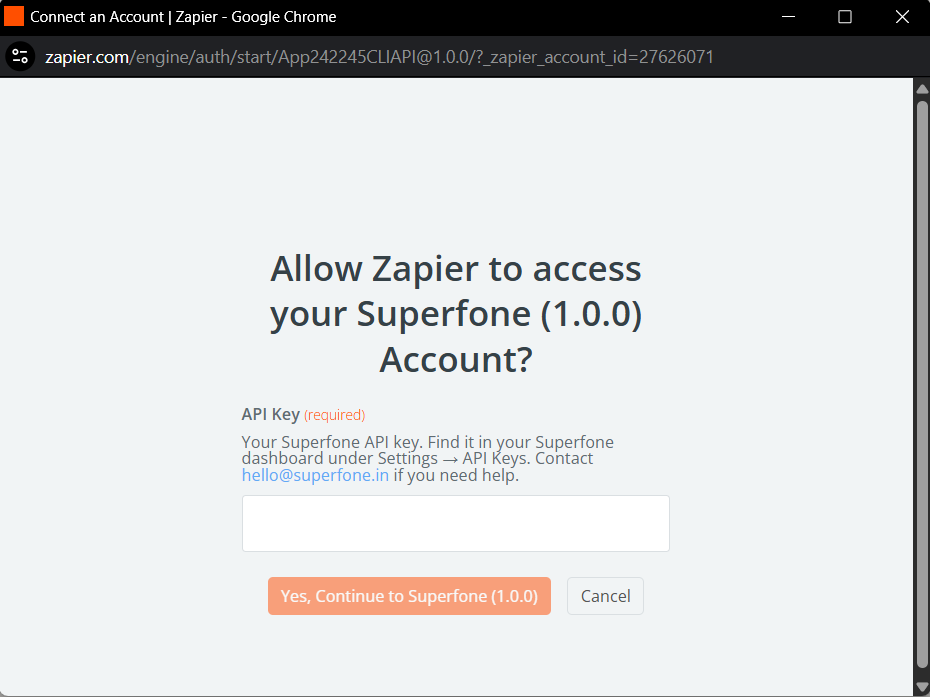 Connecting your Superfone account in Zapier (step 2 of 2)