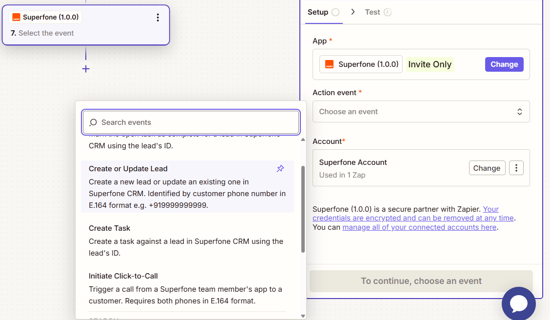 Create or Update Lead action configured in Zapier