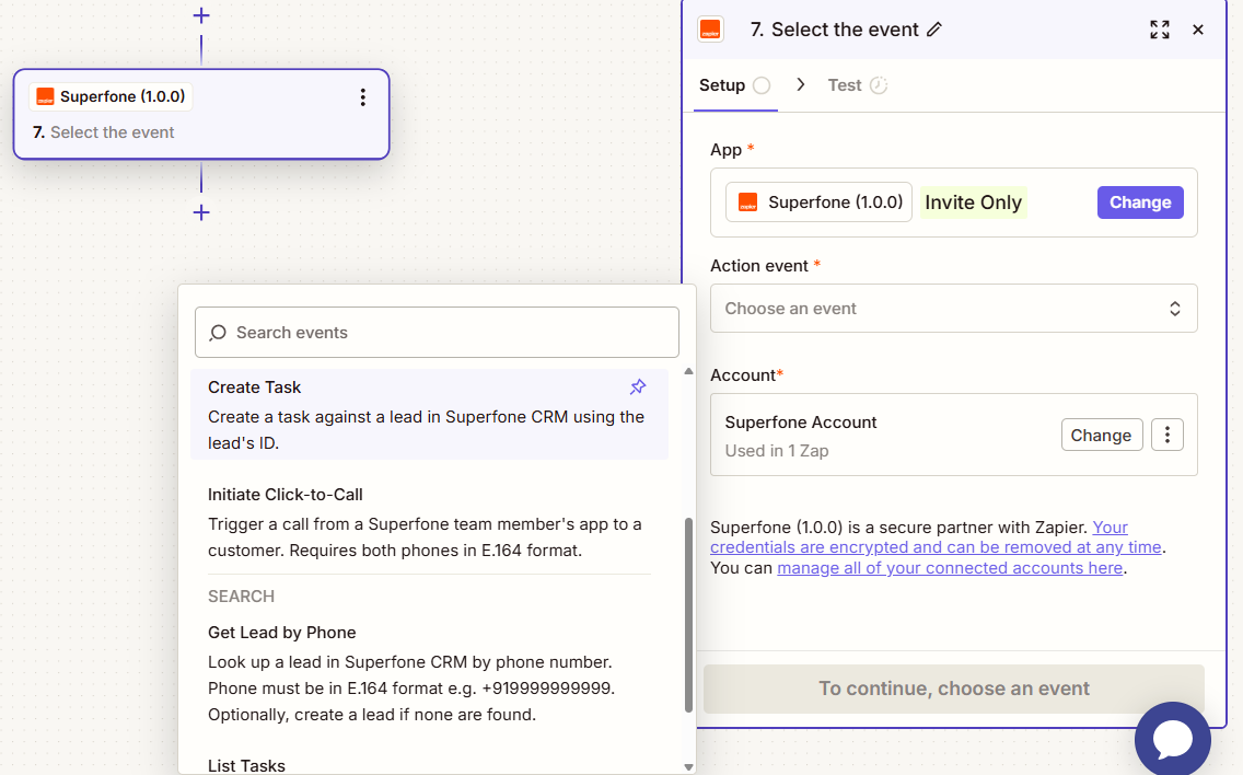 Create Task action configured in Zapier