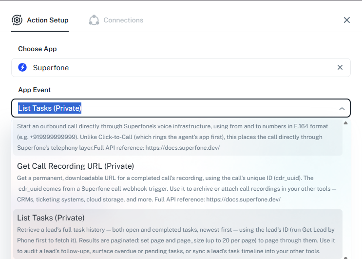 List Tasks action configured in Pabbly
